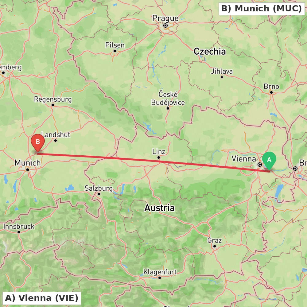 Flight route map from Vienna to Munich