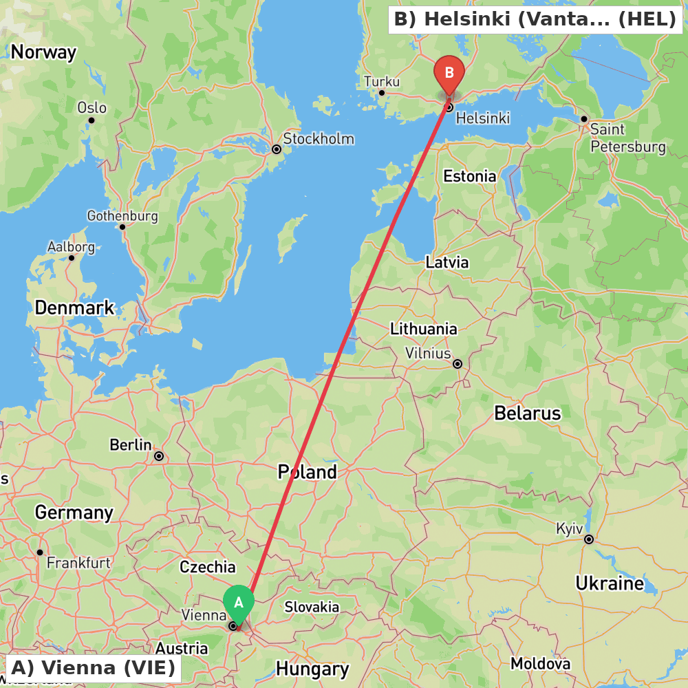 Flight route map from Vienna to Helsinki (Vantaa)