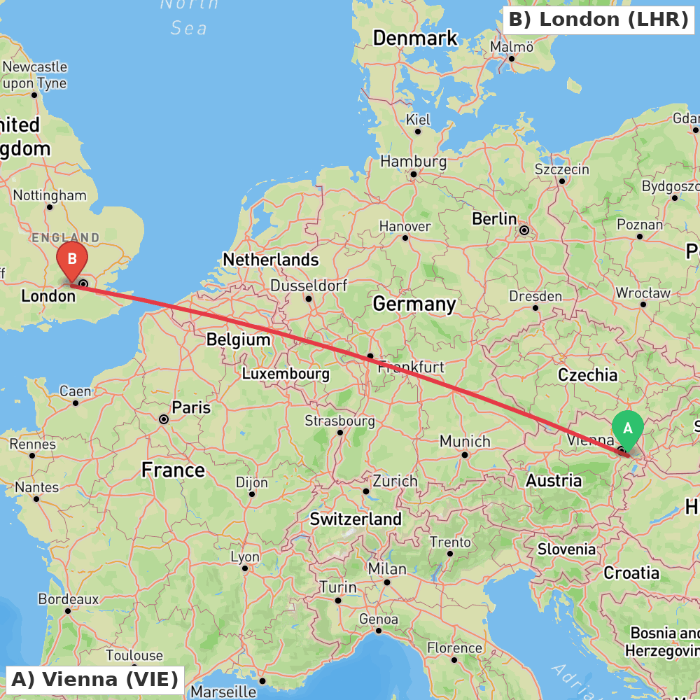 Flight route map from Vienna to London