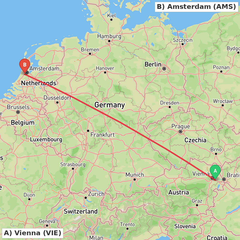 Flight route map from Vienna to Amsterdam