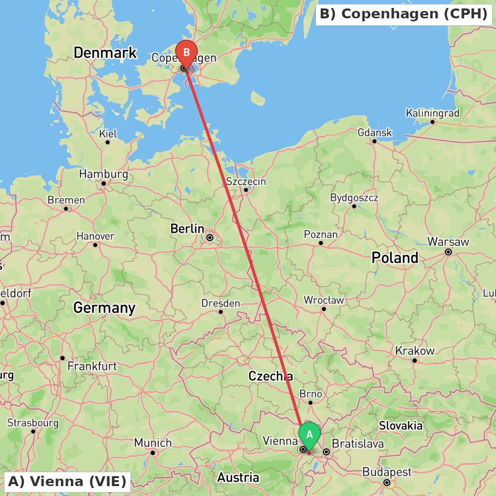 Flight route map from Vienna to Copenhagen