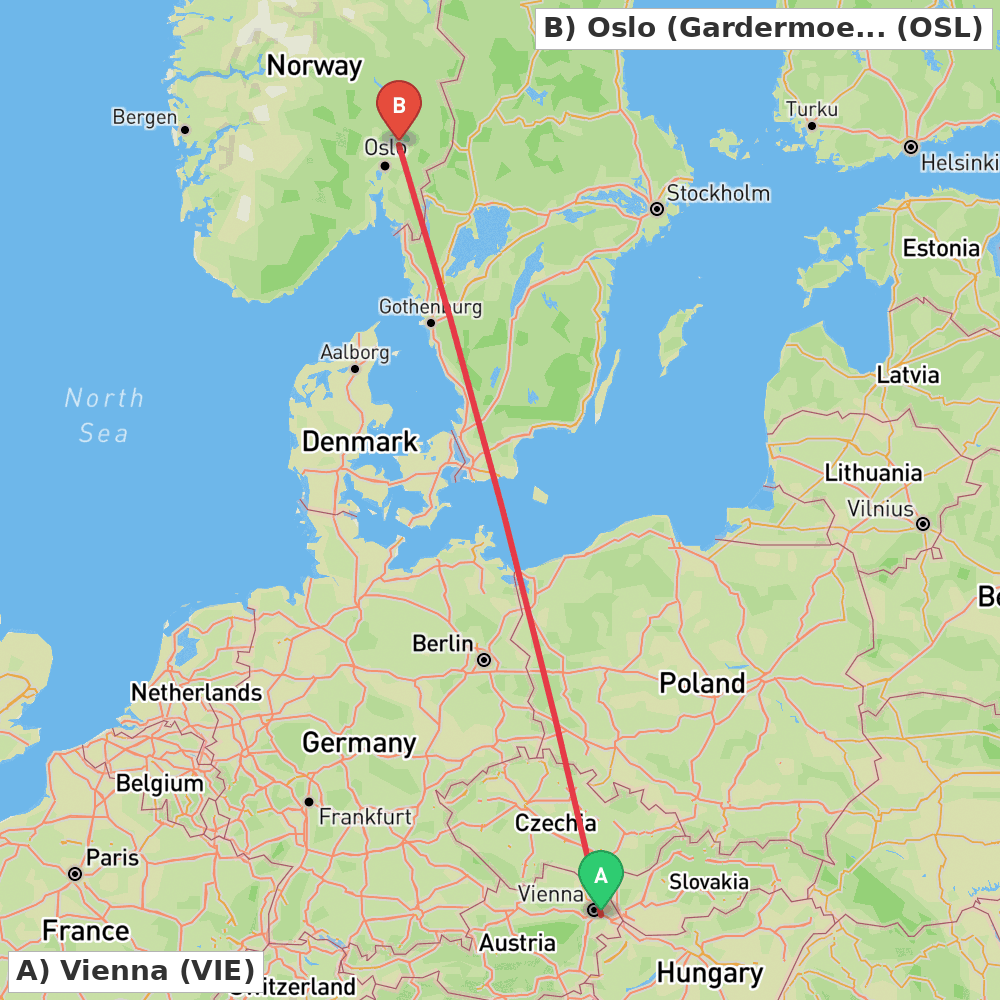 Flight route map from Vienna to Oslo (Gardermoen)