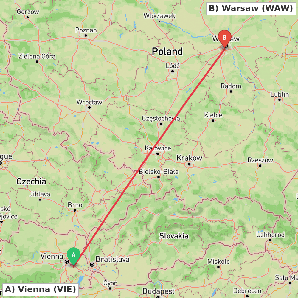 Flight route map from Vienna to Warsaw