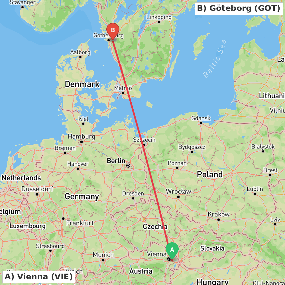 Flight route map from Vienna to Göteborg