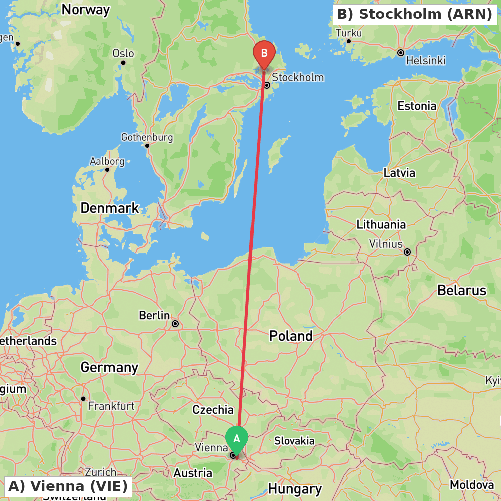 Flight route map from Vienna to Stockholm
