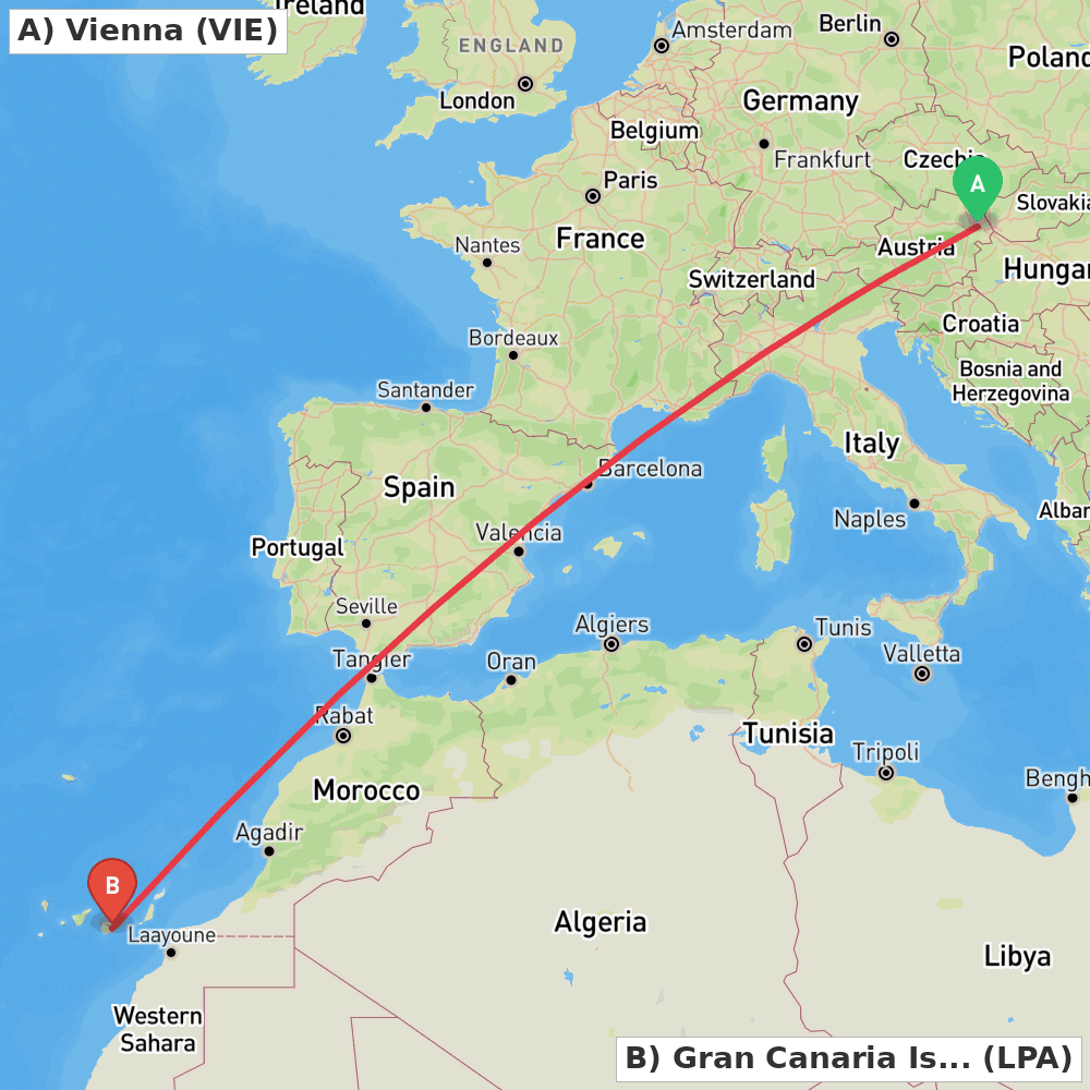 Flight route map from Vienna to Gran Canaria Island