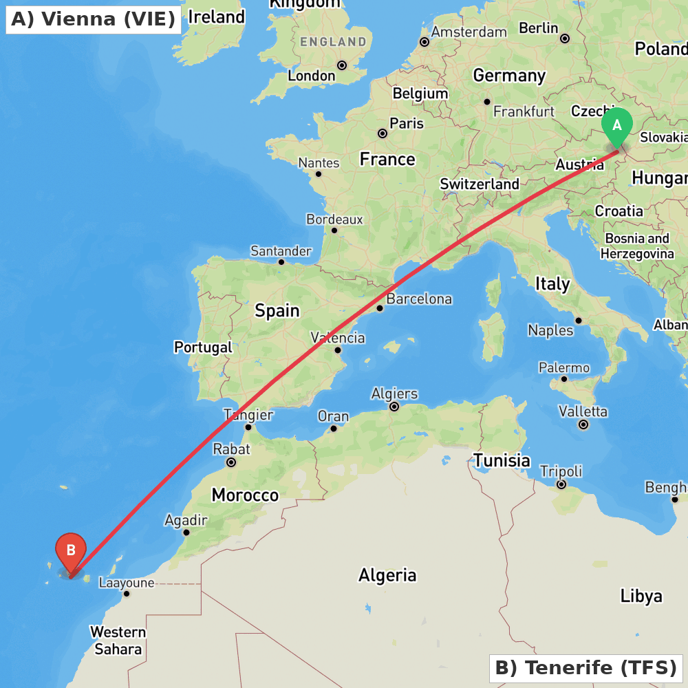 Flight route map from Vienna to Tenerife