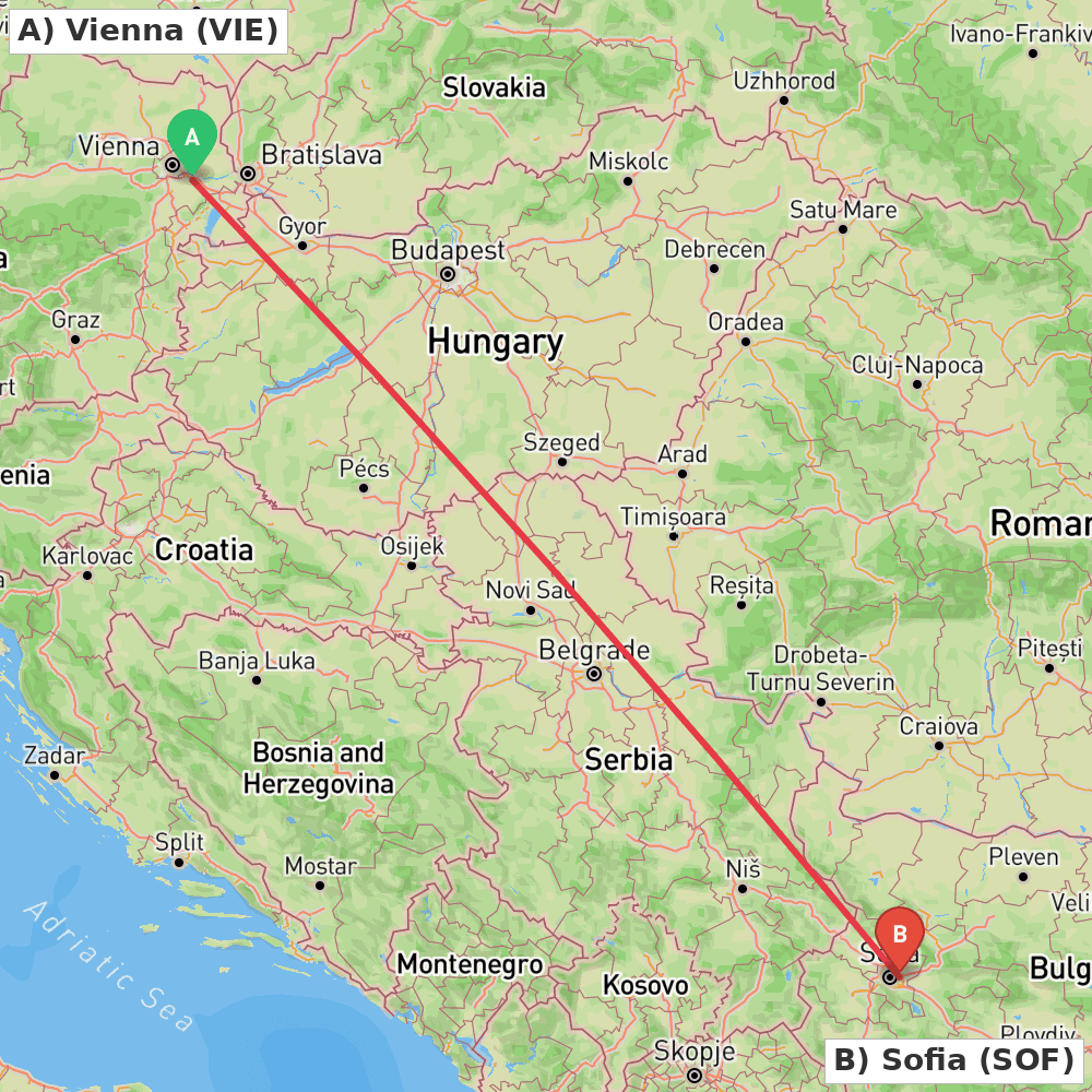 Flight route map from Vienna to Sofia
