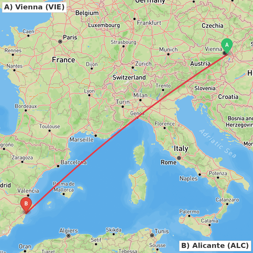Flight route map from Vienna to Alicante