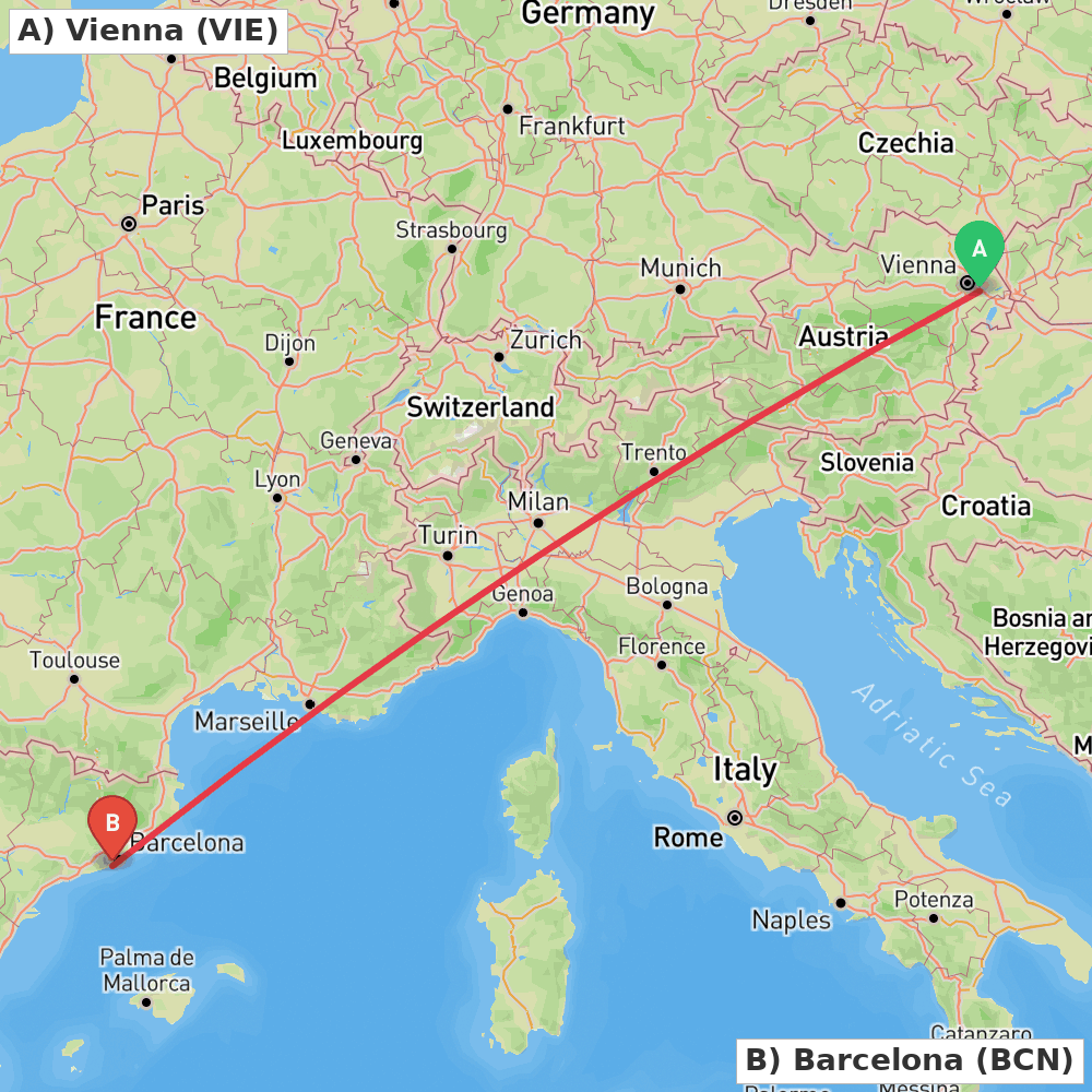 Flight route map from Vienna to Barcelona