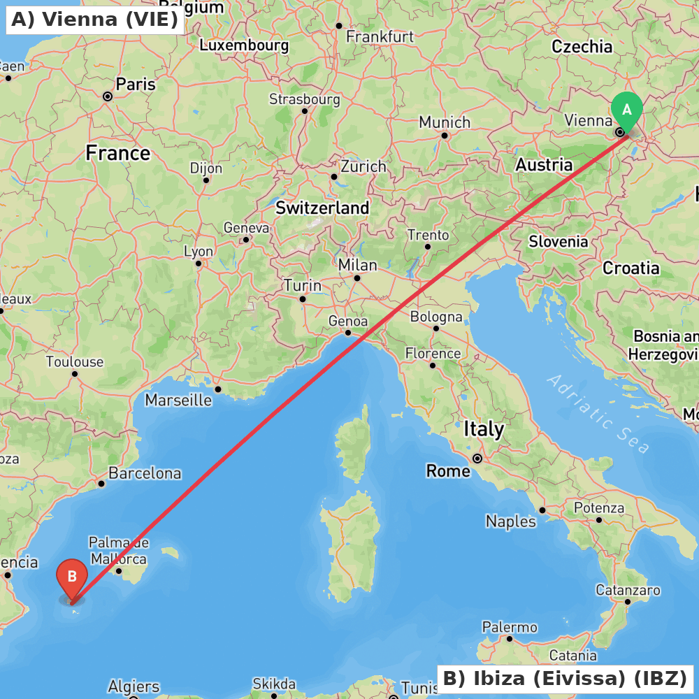 Flight route map from Vienna to Ibiza (Eivissa)