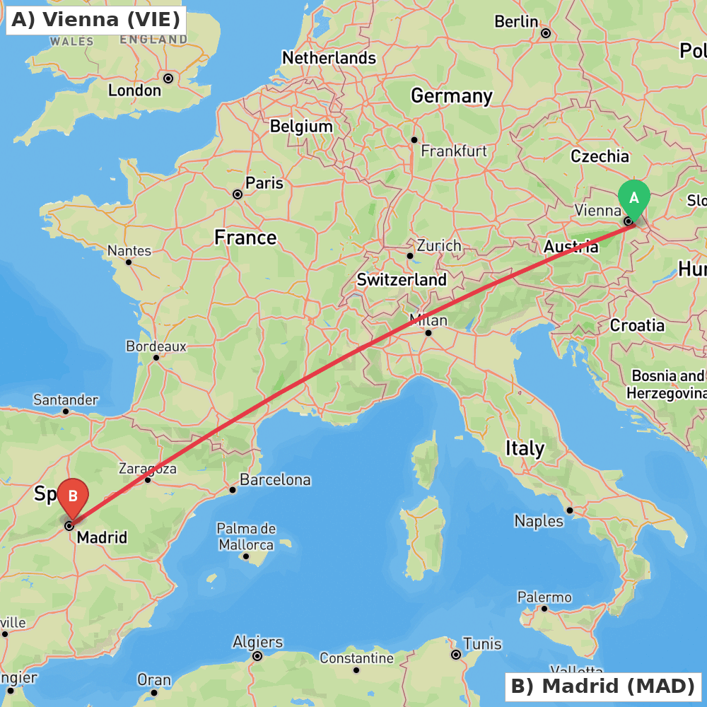 Flight route map from Vienna to Madrid
