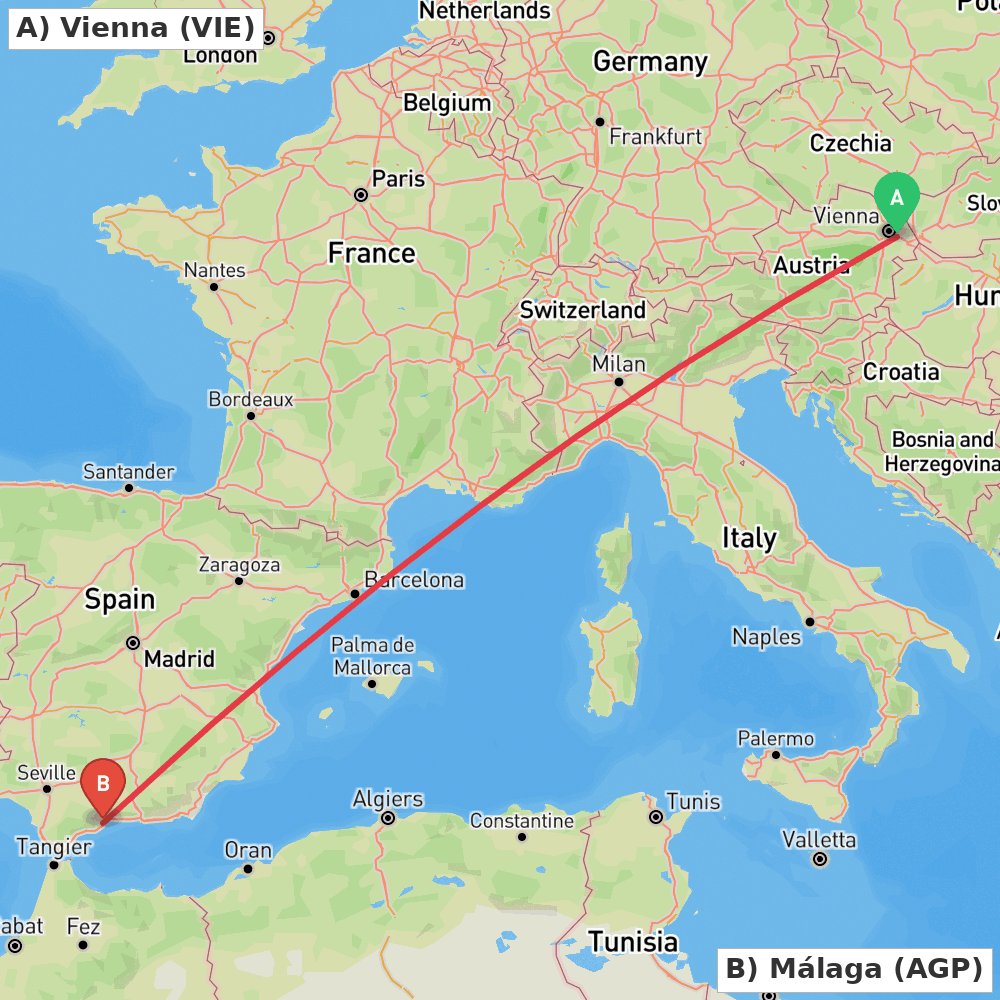 Flight route map from Vienna to Málaga