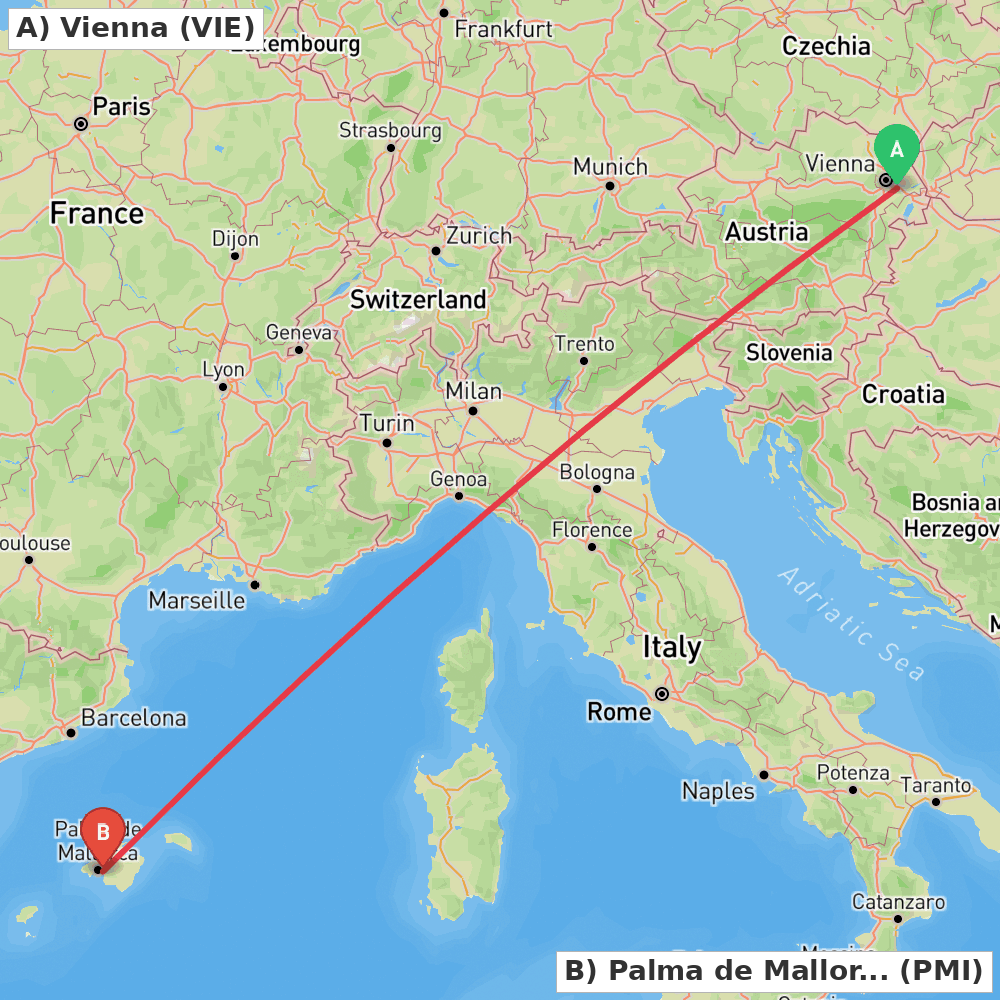 Flight route map from Vienna to Palma de Mallorca