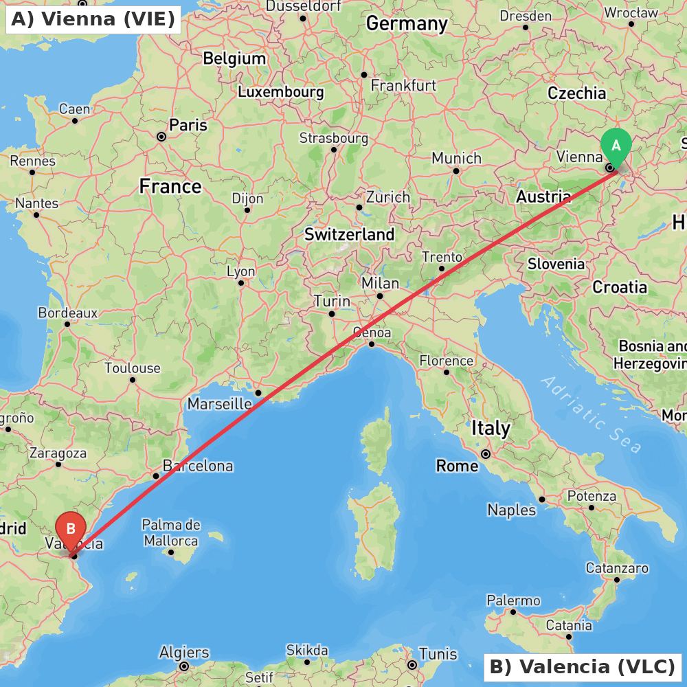 Flight route map from Vienna to Valencia