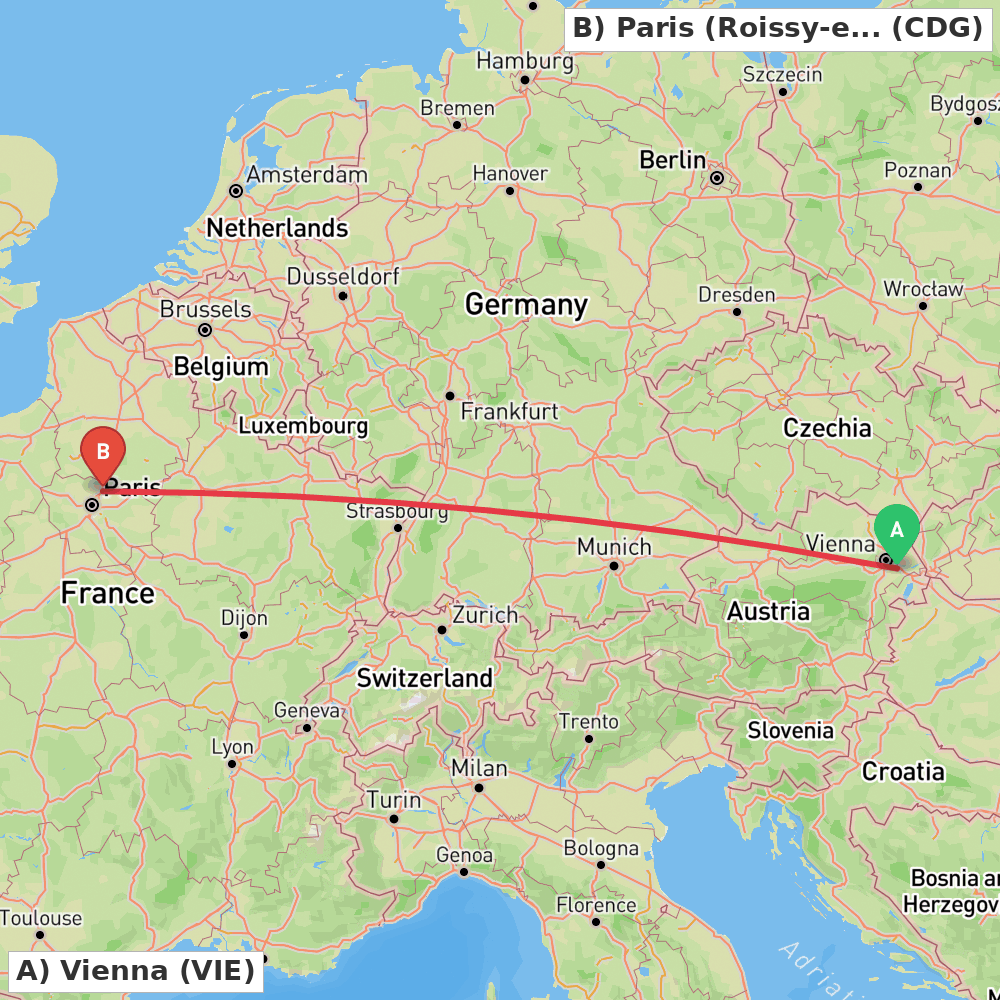 Flight route map from Vienna to Paris (Roissy-en-France, Val-d'Oise)