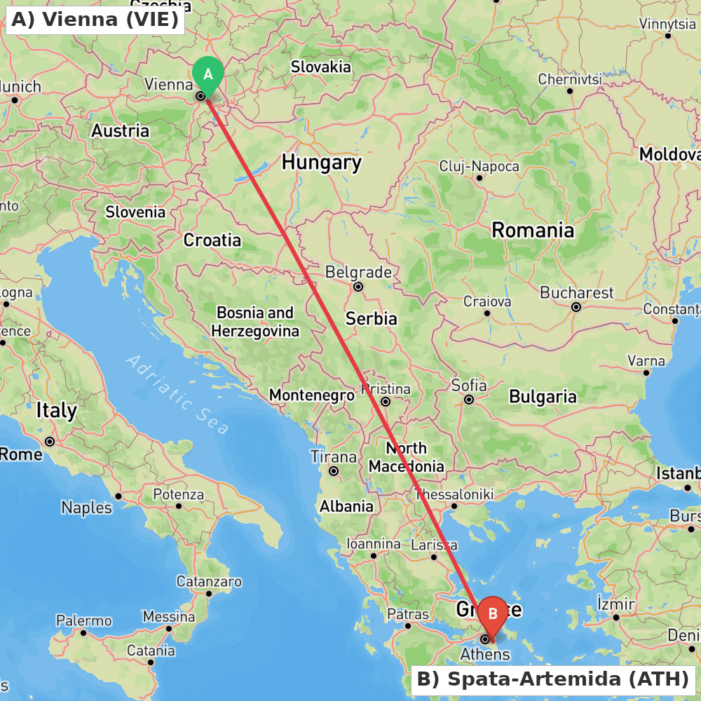 Flight route map from Vienna to Spata-Artemida