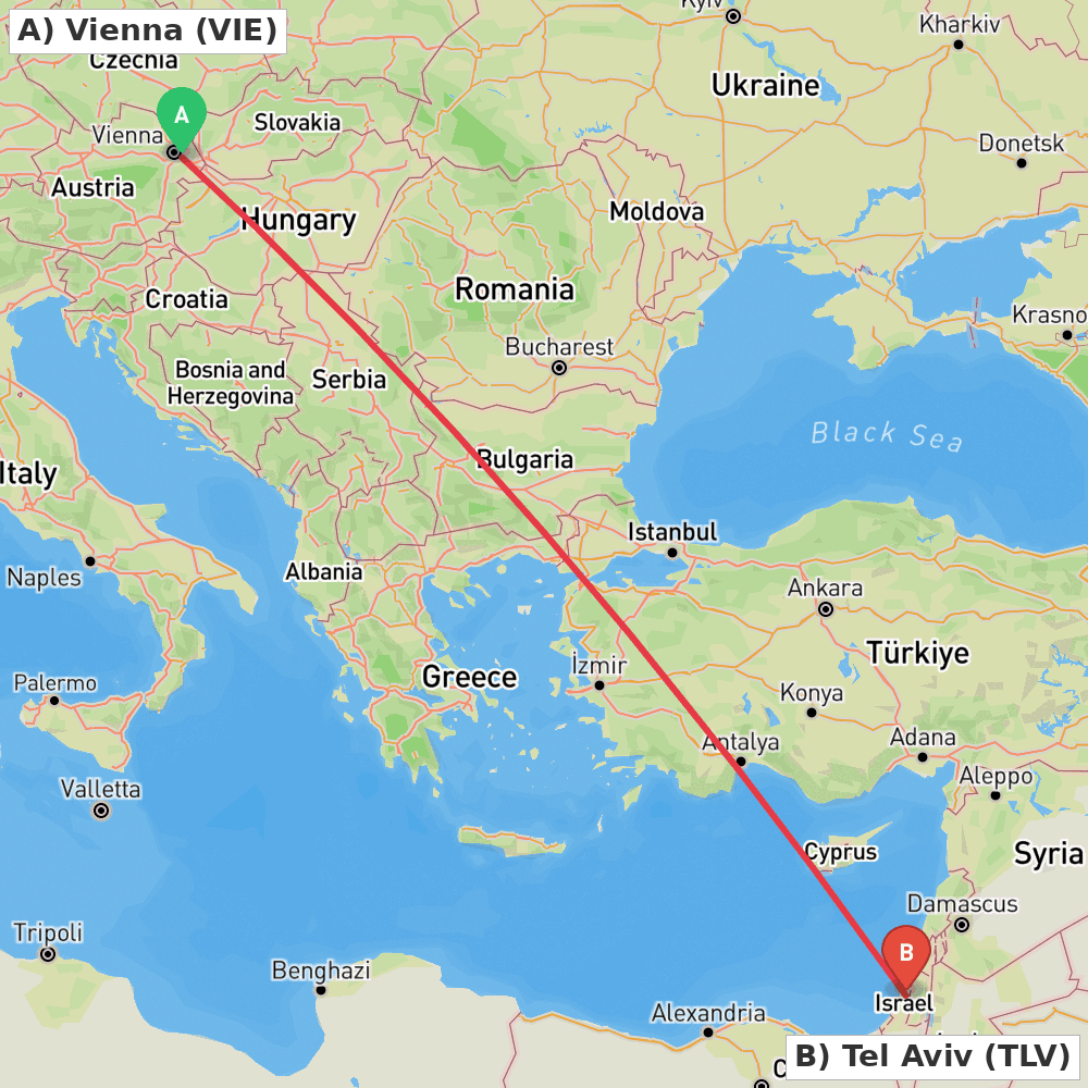 Flight route map from Vienna to Tel Aviv