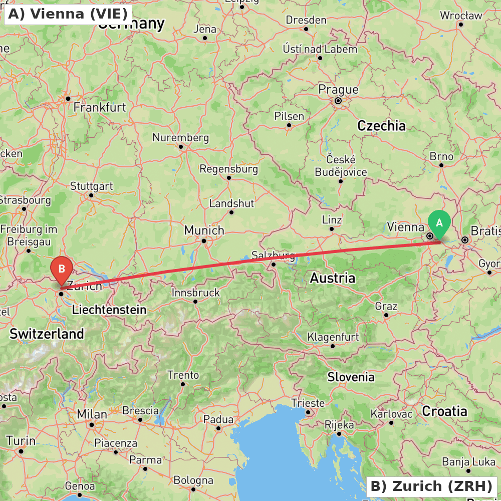 Flight route map from Vienna to Zurich