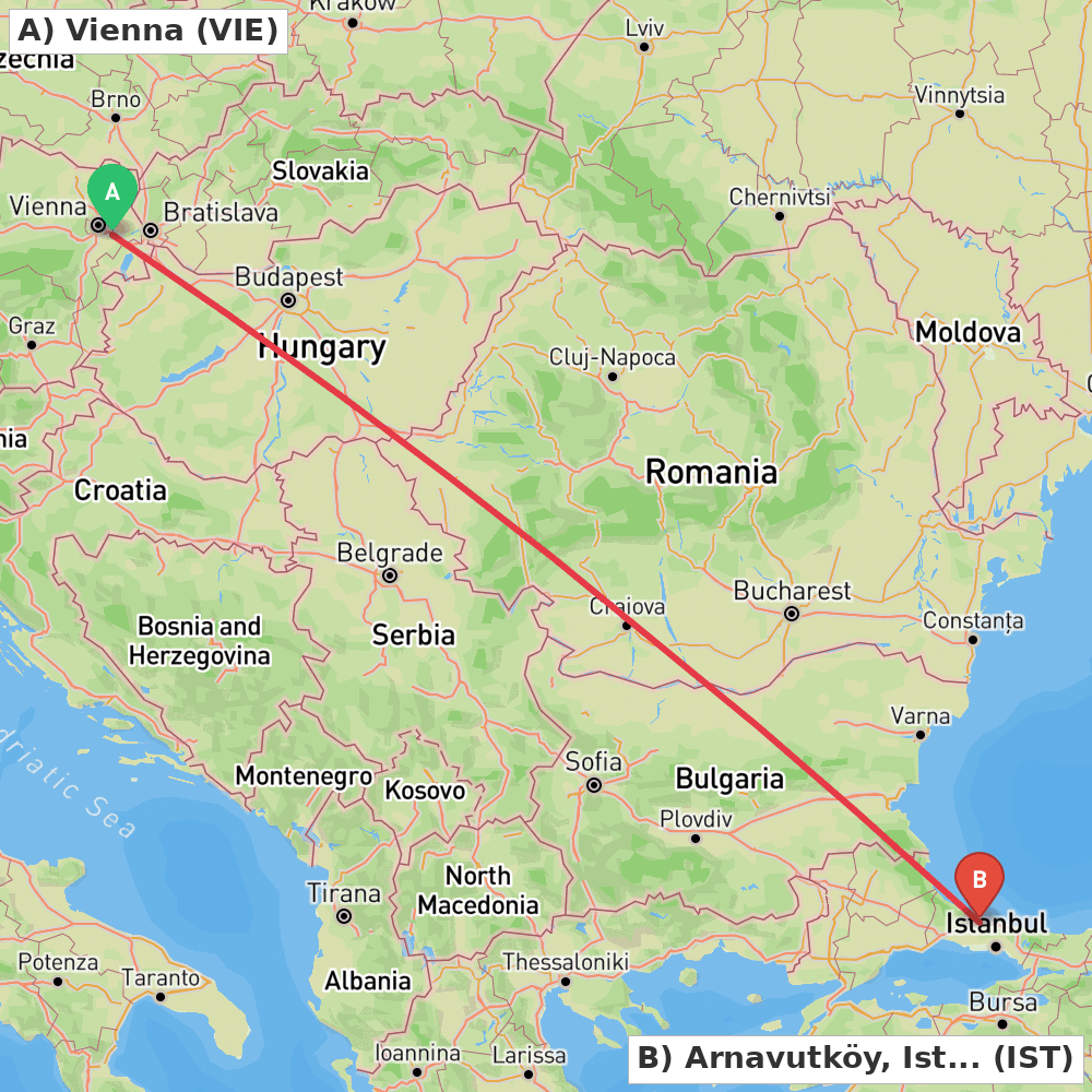 Flight route map from Vienna to Arnavutköy, Istanbul