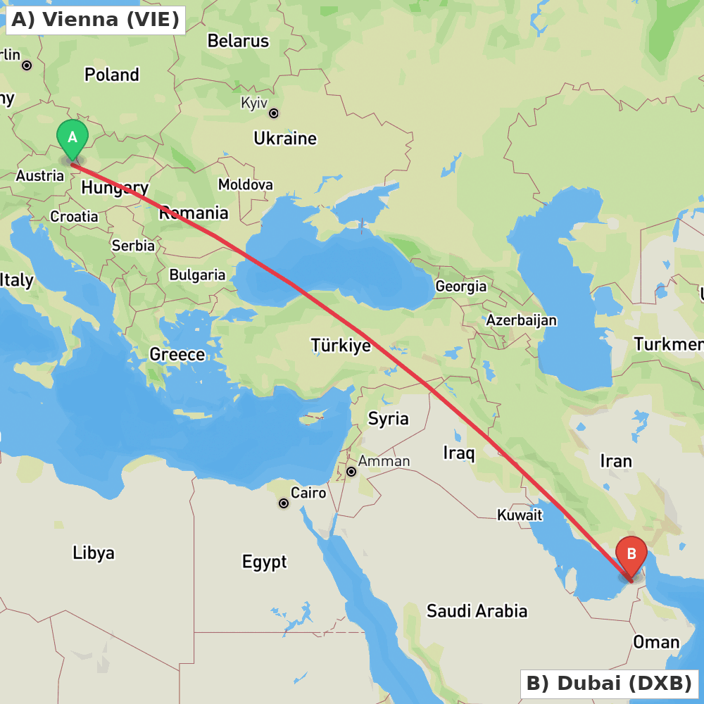 Flight route map from Vienna to Dubai