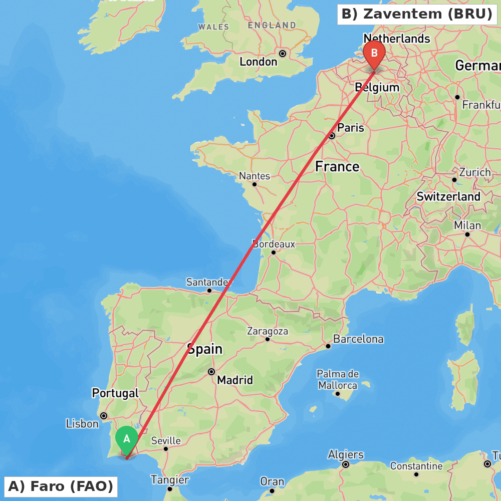 Flight route map from Faro to Zaventem