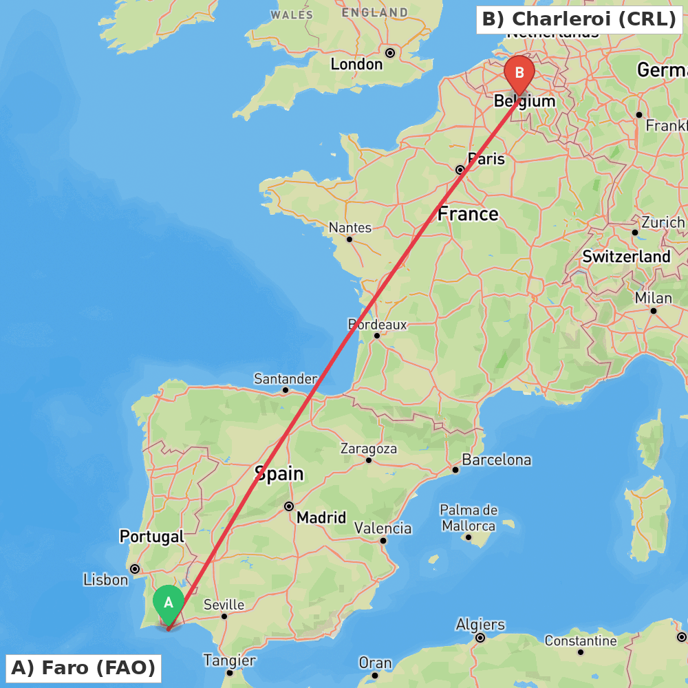 Flight route map from Faro to Charleroi