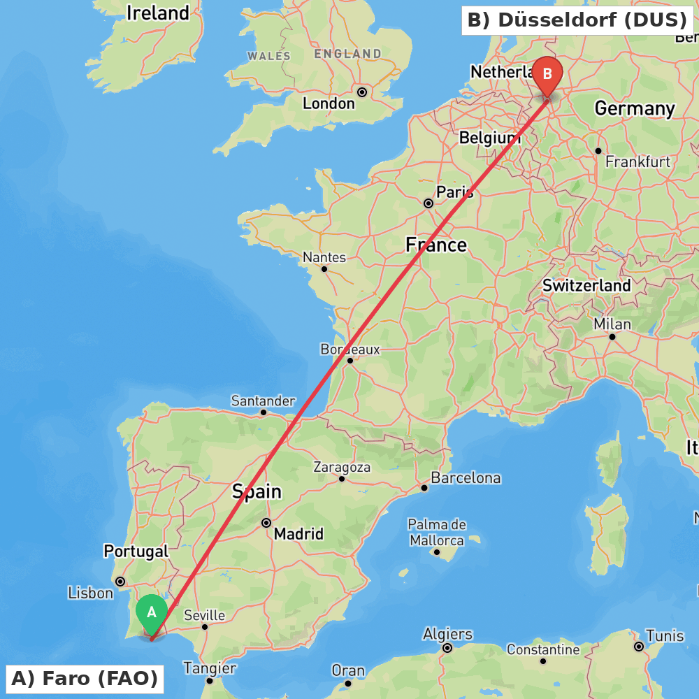 Flight route map from Faro to Düsseldorf