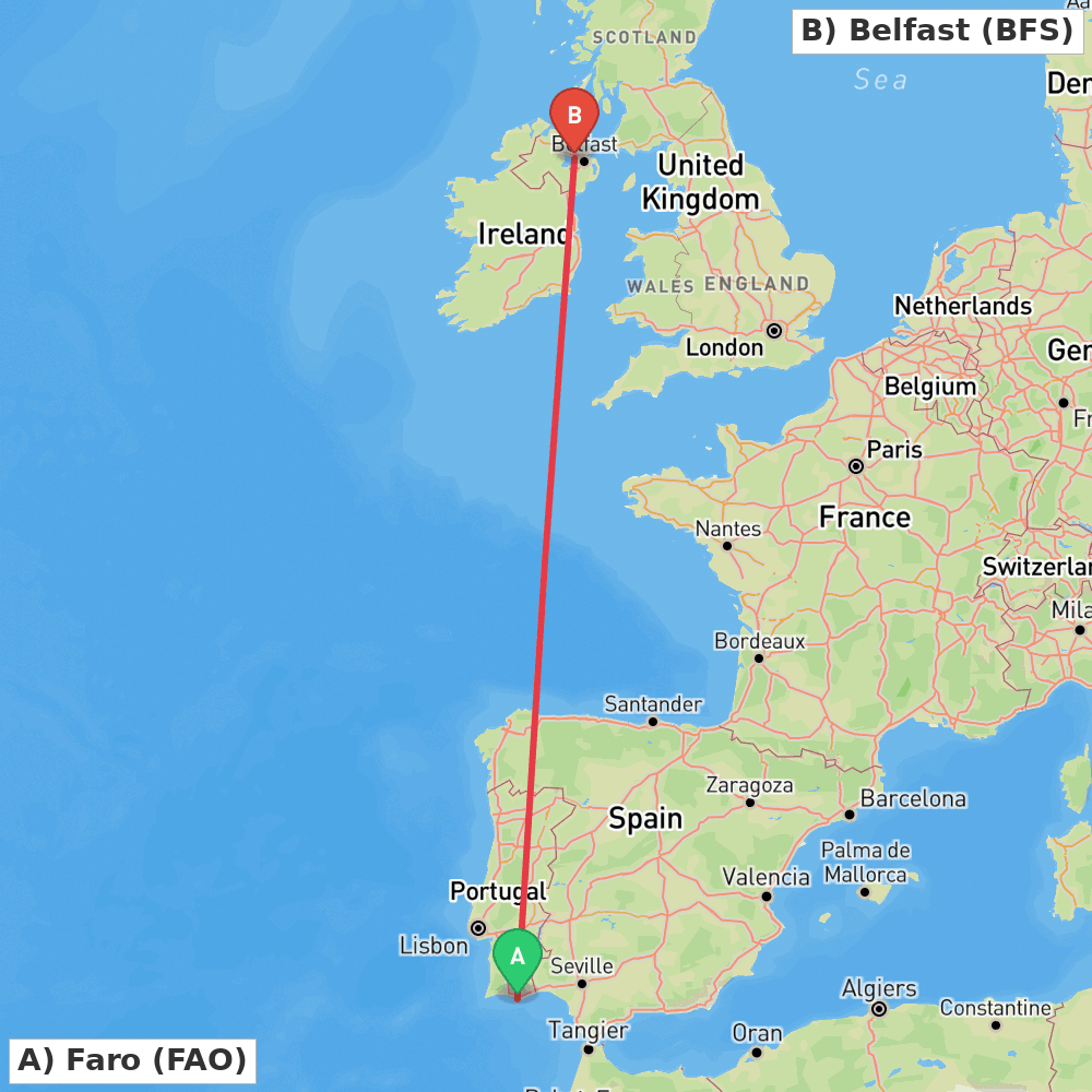 Flight route map from Faro to Belfast