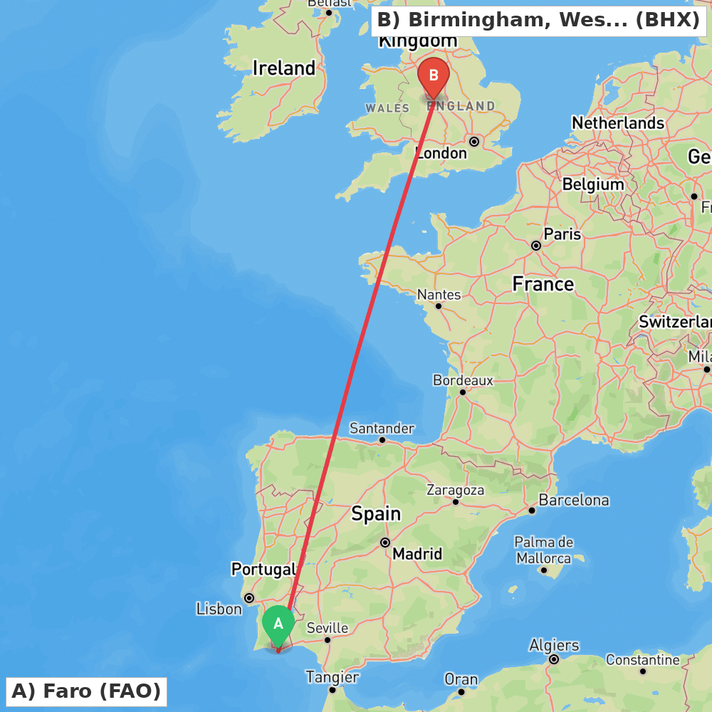 Flight route map from Faro to Birmingham, West Midlands