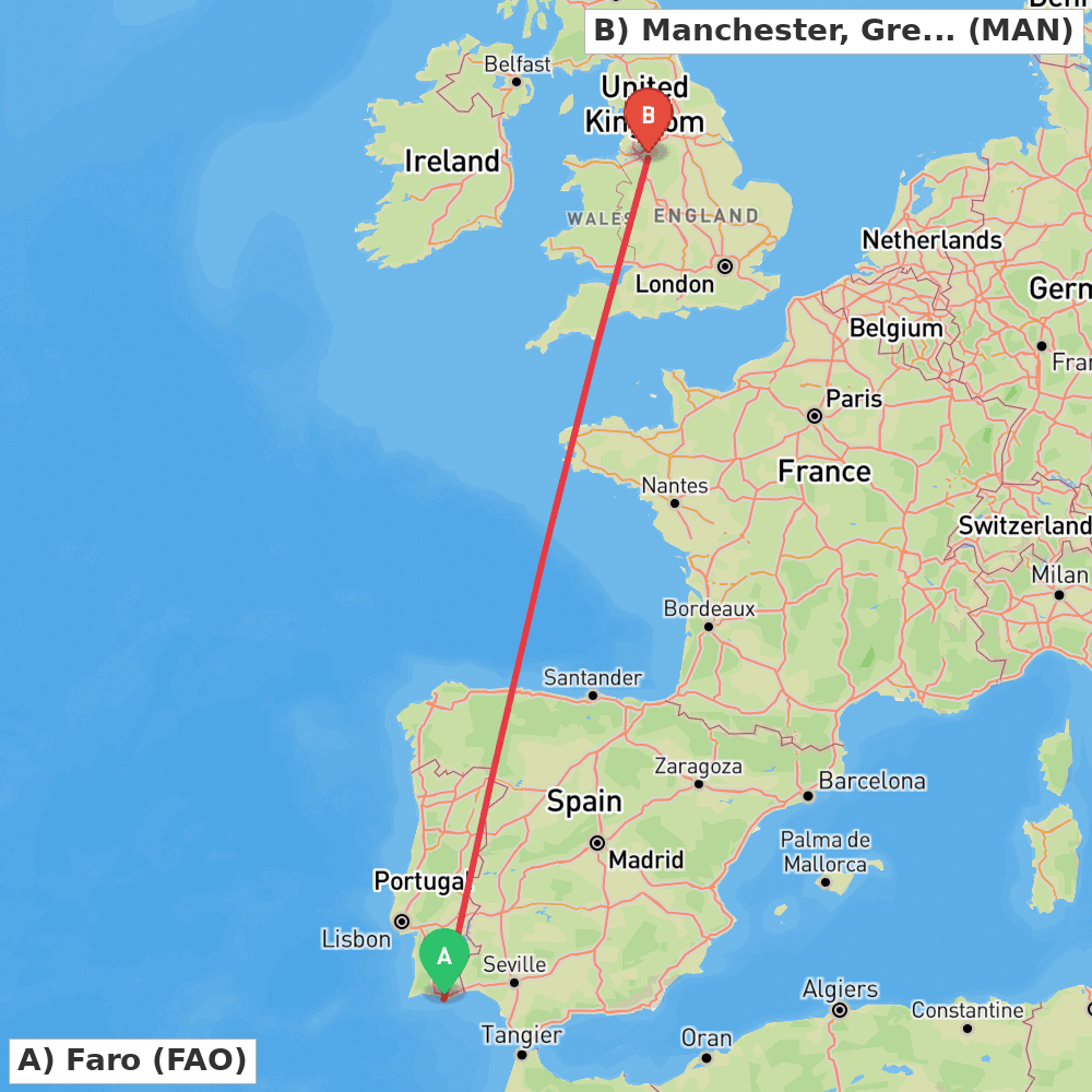 Flight route map from Faro to Manchester, Greater Manchester