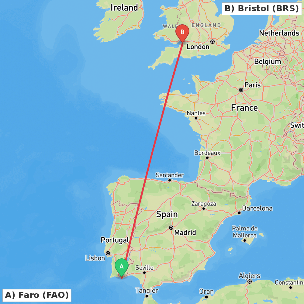 Flight route map from Faro to Bristol