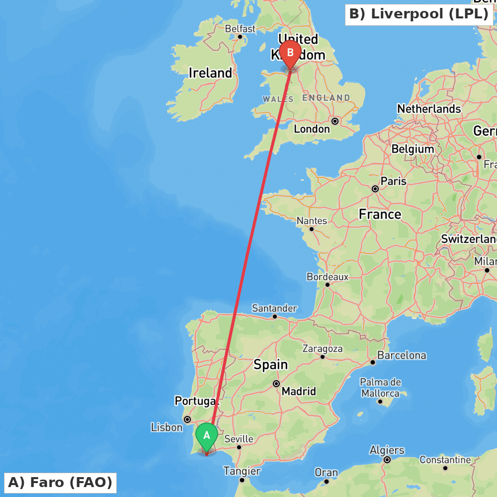 Flight route map from Faro to Liverpool
