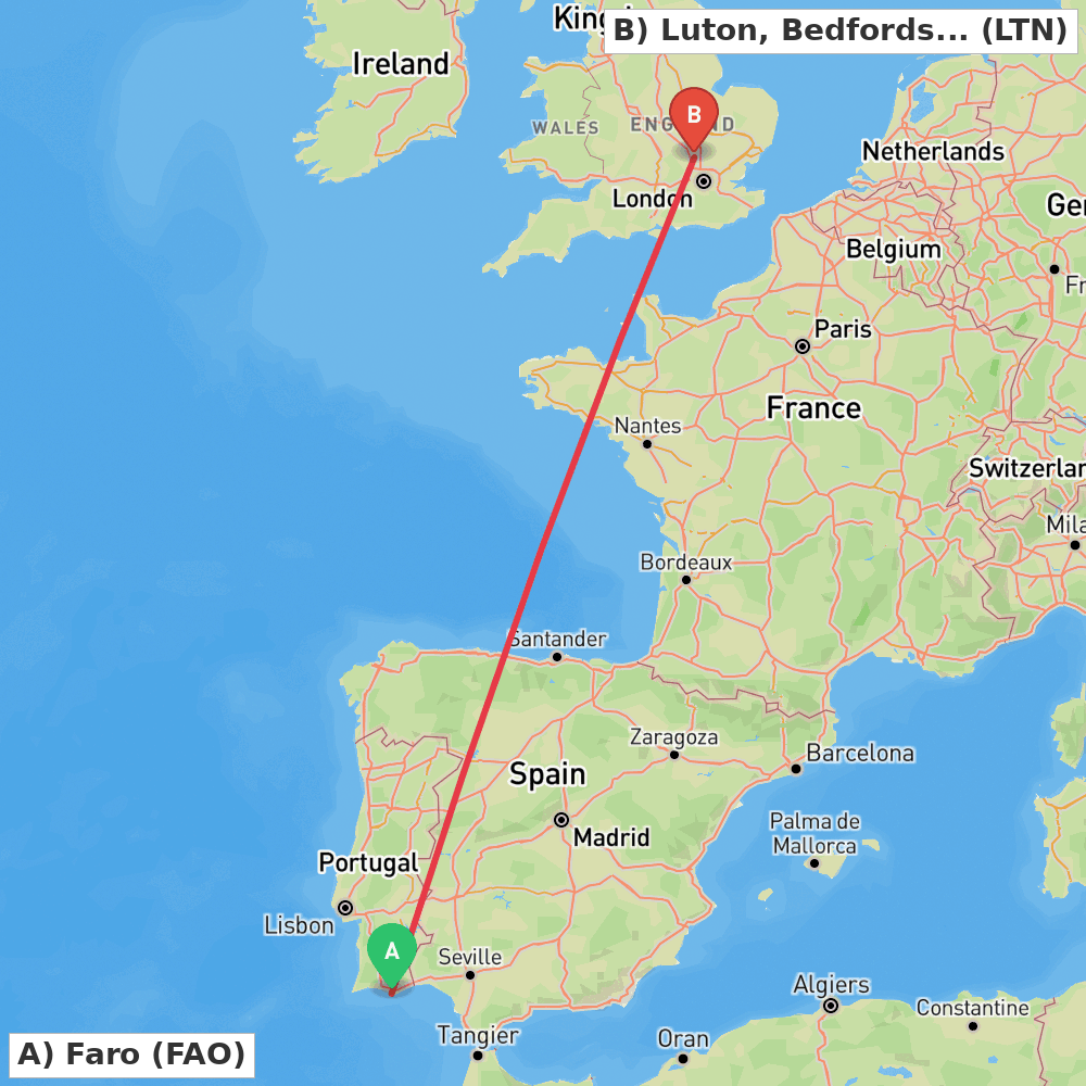 Flight route map from Faro to Luton, Bedfordshire