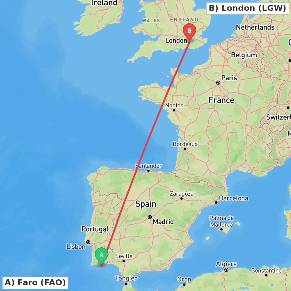 Flight route map from Faro to London