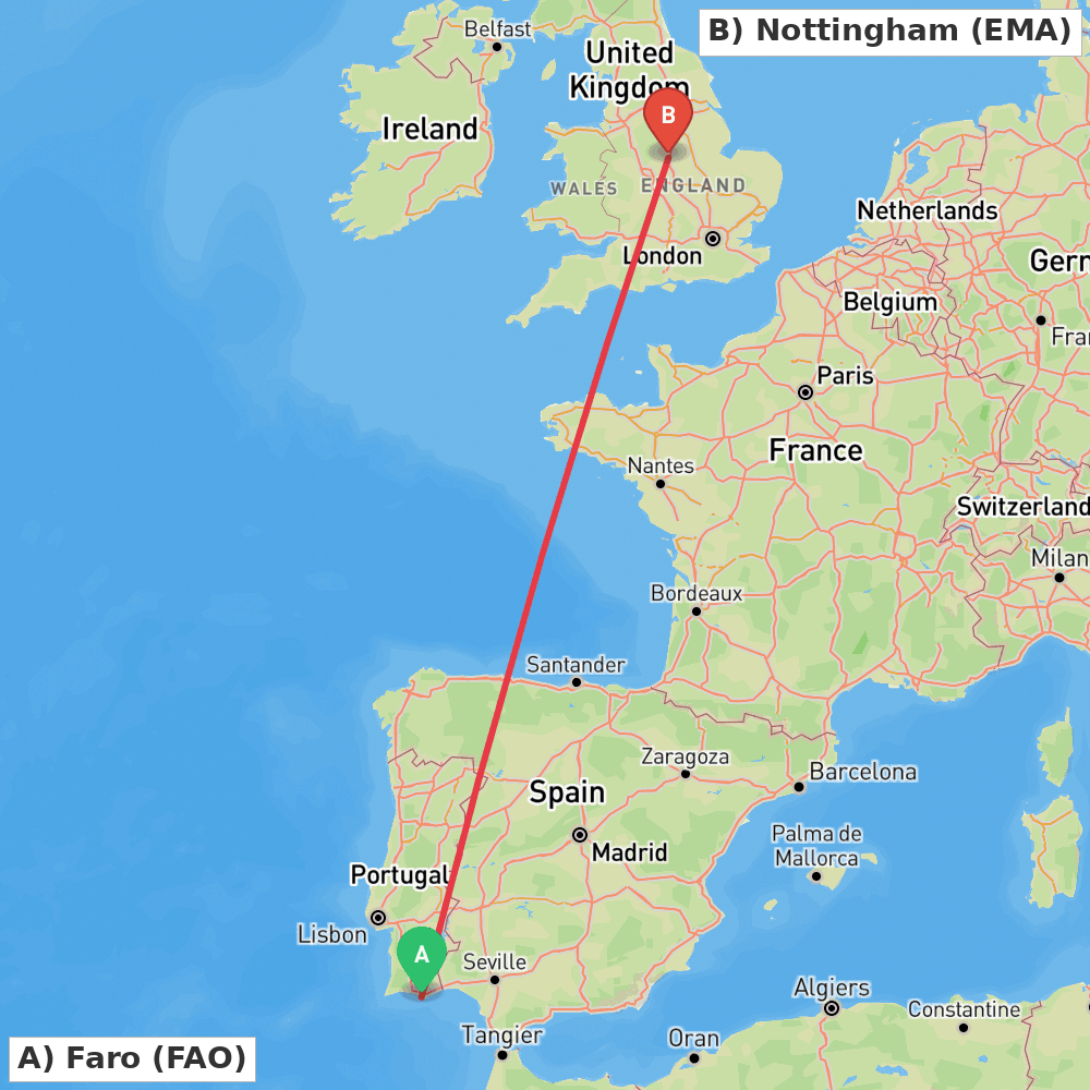Flight route map from Faro to Nottingham