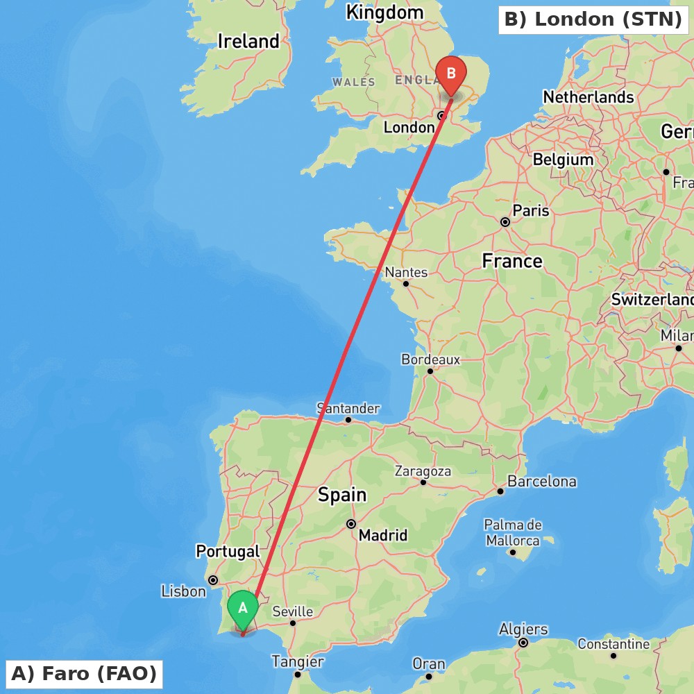 Flight route map from Faro to London