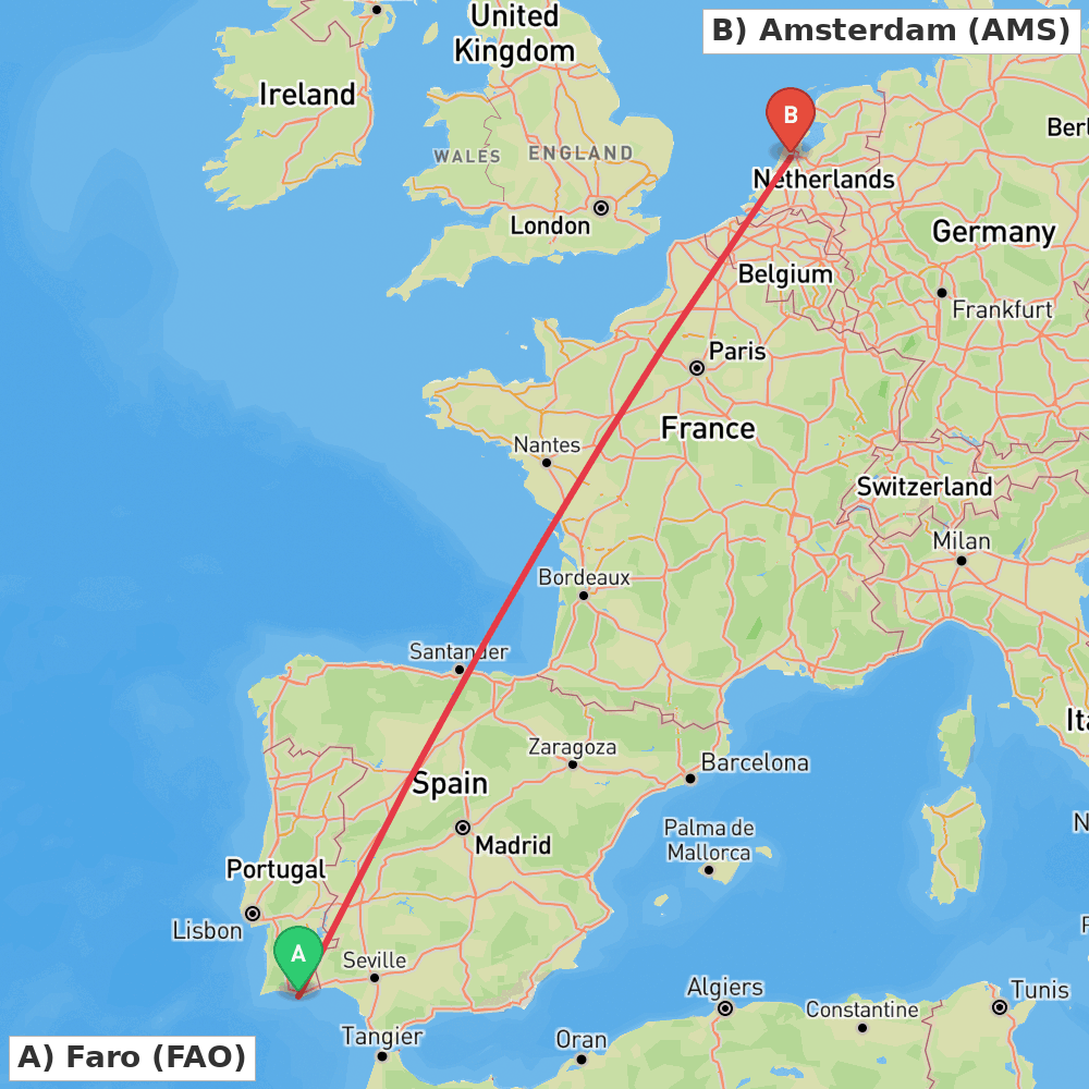 Flight route map from Faro to Amsterdam