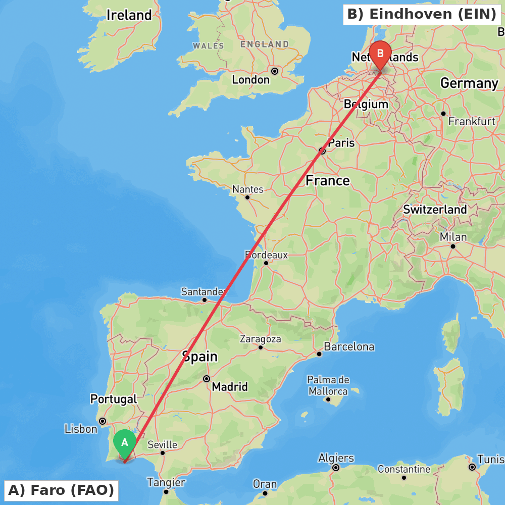 Flight route map from Faro to Eindhoven