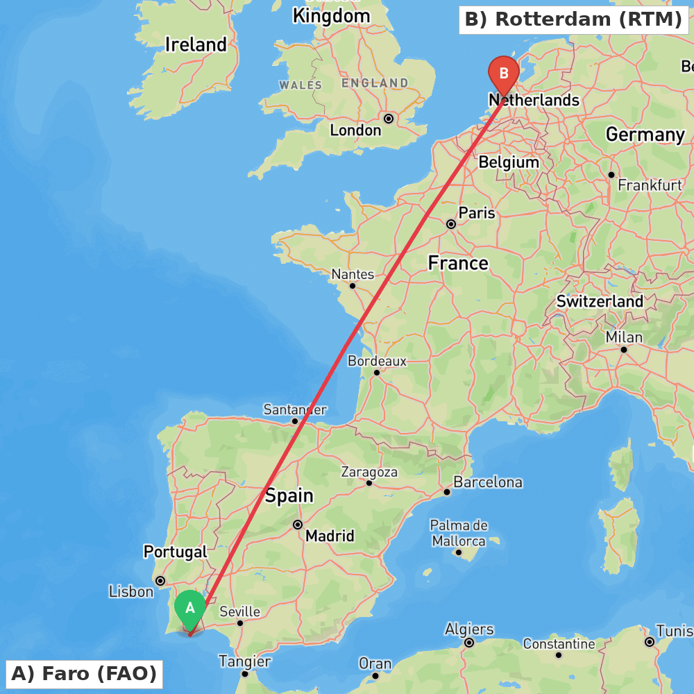 Flight route map from Faro to Rotterdam