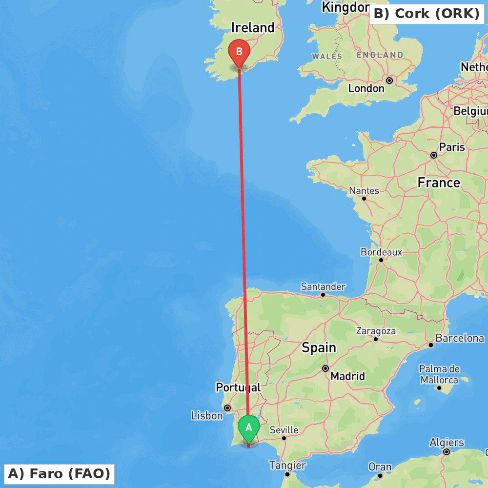 Flight route map from Faro to Cork