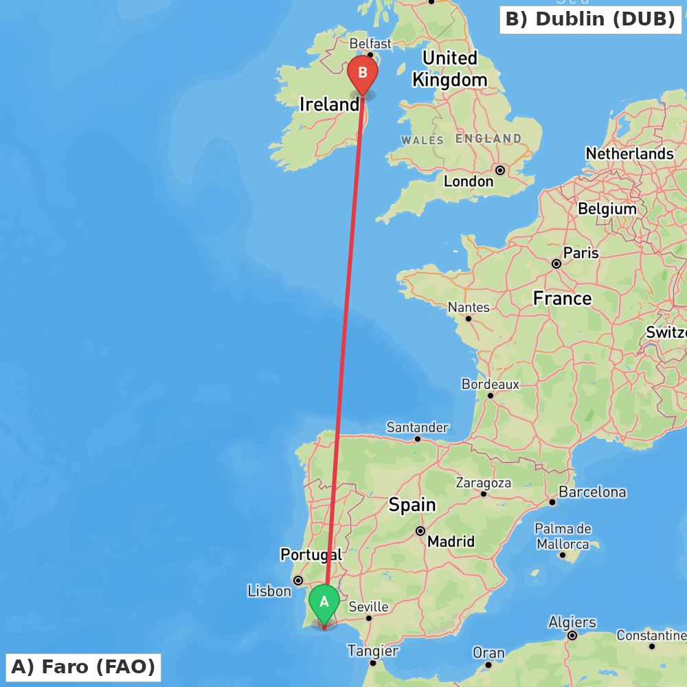 Flight route map from Faro to Dublin