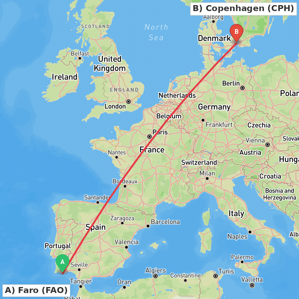Flight route map from Faro to Copenhagen