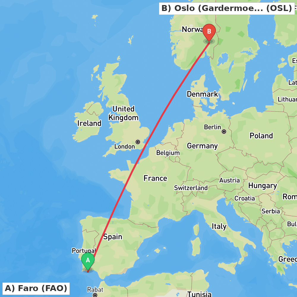Flight route map from Faro to Oslo (Gardermoen)