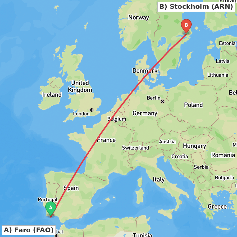 Flight route map from Faro to Stockholm