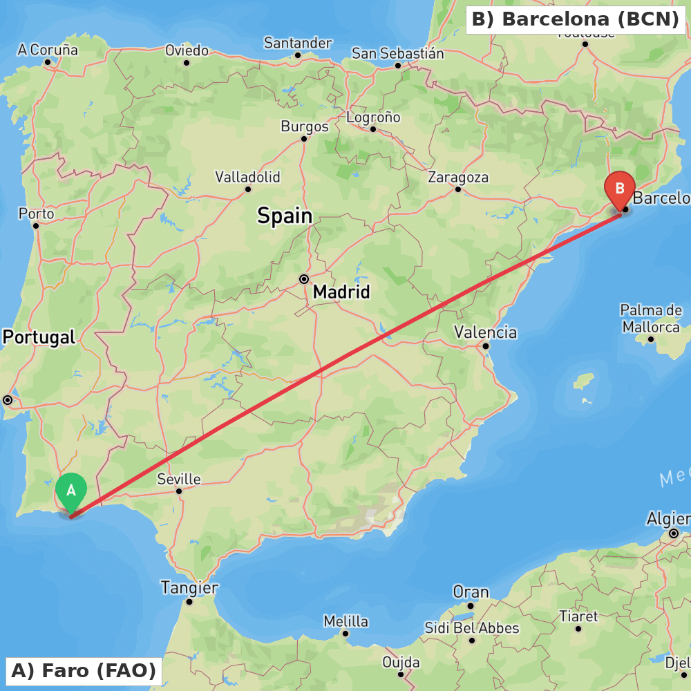 Flight route map from Faro to Barcelona