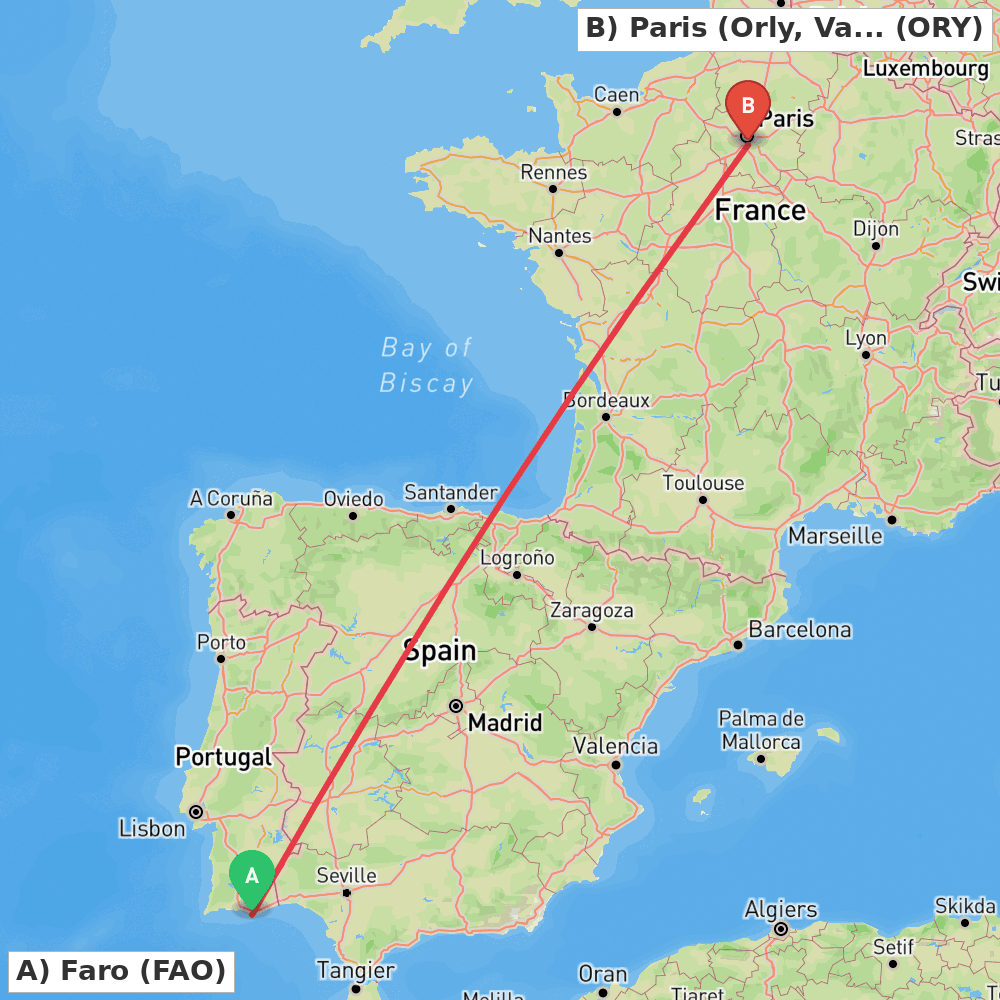 Flight route map from Faro to Paris (Orly, Val-de-Marne)