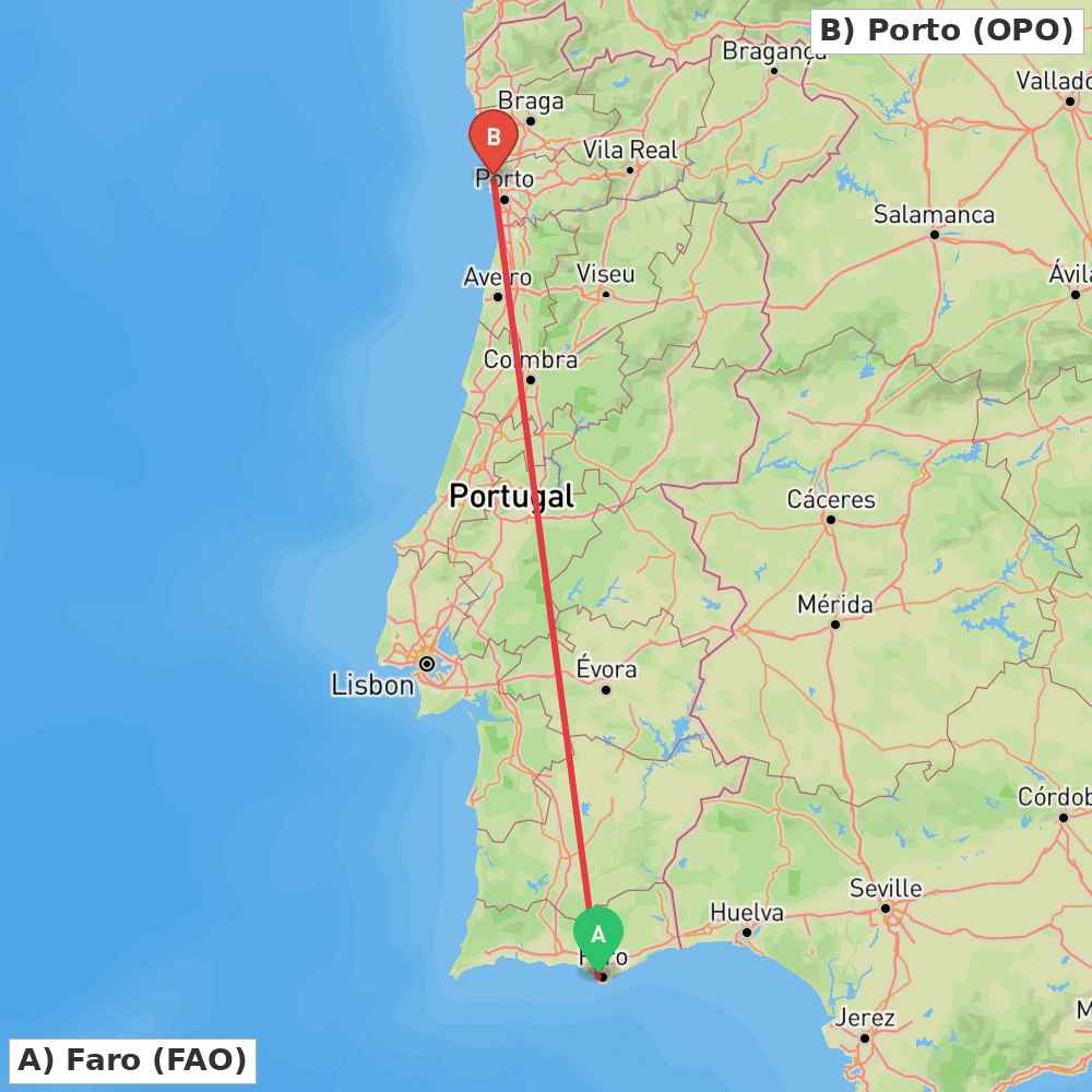 Flight route map from Faro to Porto