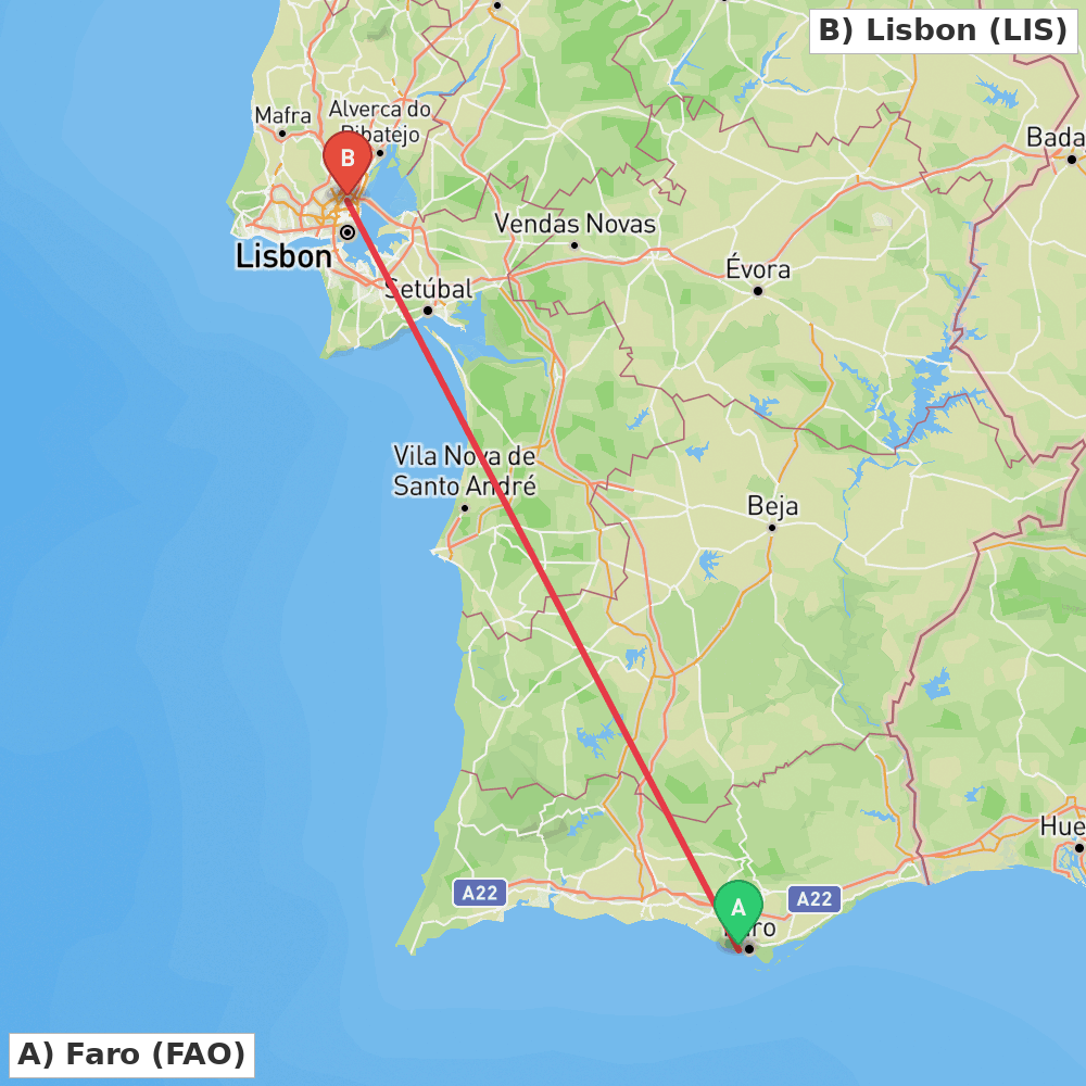 Flight route map from Faro to Lisbon