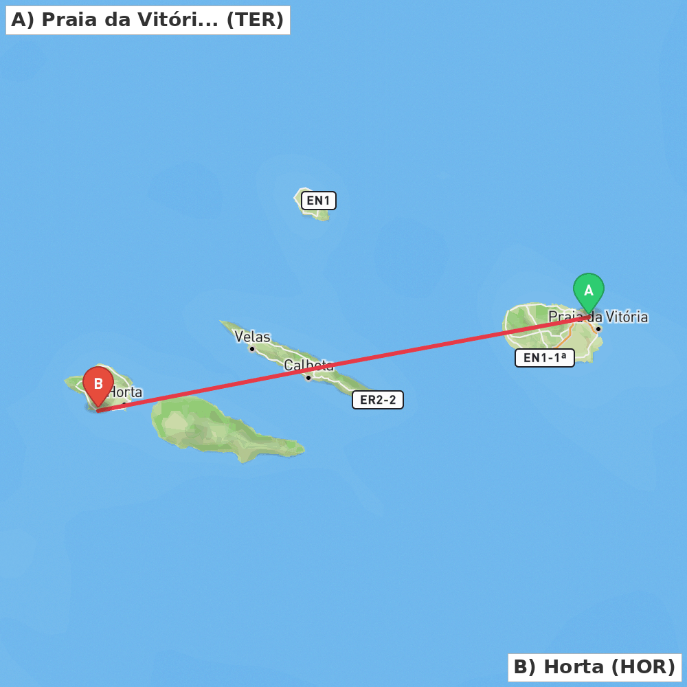 Flight route map from Praia da Vitória to Horta
